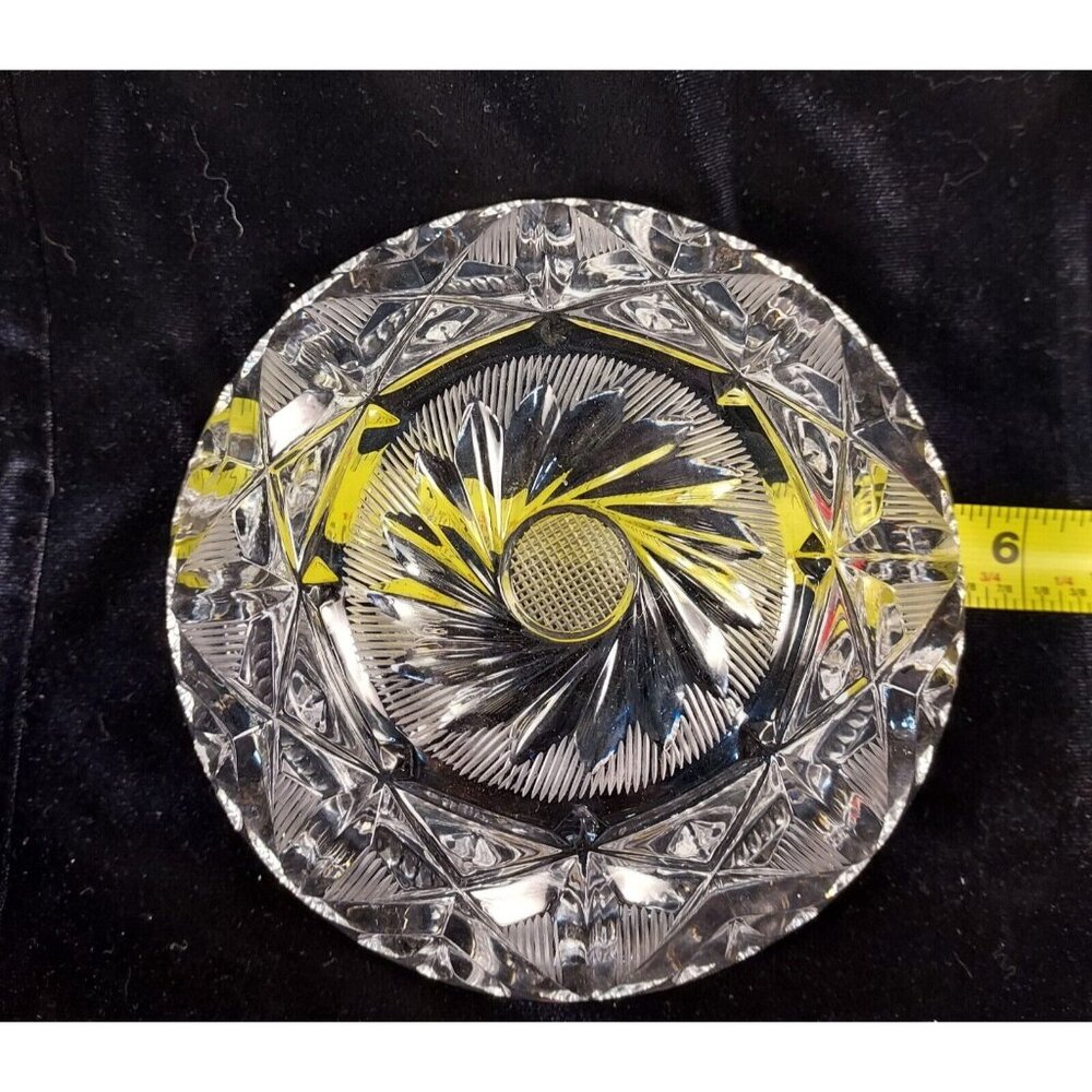 Vintage Cut Bohemia Czech Crystal Ash Dish Round 5.5 Diameter Geometric Design - Picture 3 of 8